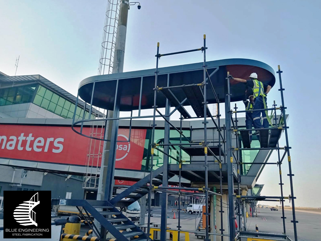 Commercial Steel Staircase Construction at King Shaka Airport. Blue Engineering Undertakes Projects in Gauteng, Johannesburg, Pretoria, KwaZulu Natal, Durban, Western Cape, Cape Town, South Africa