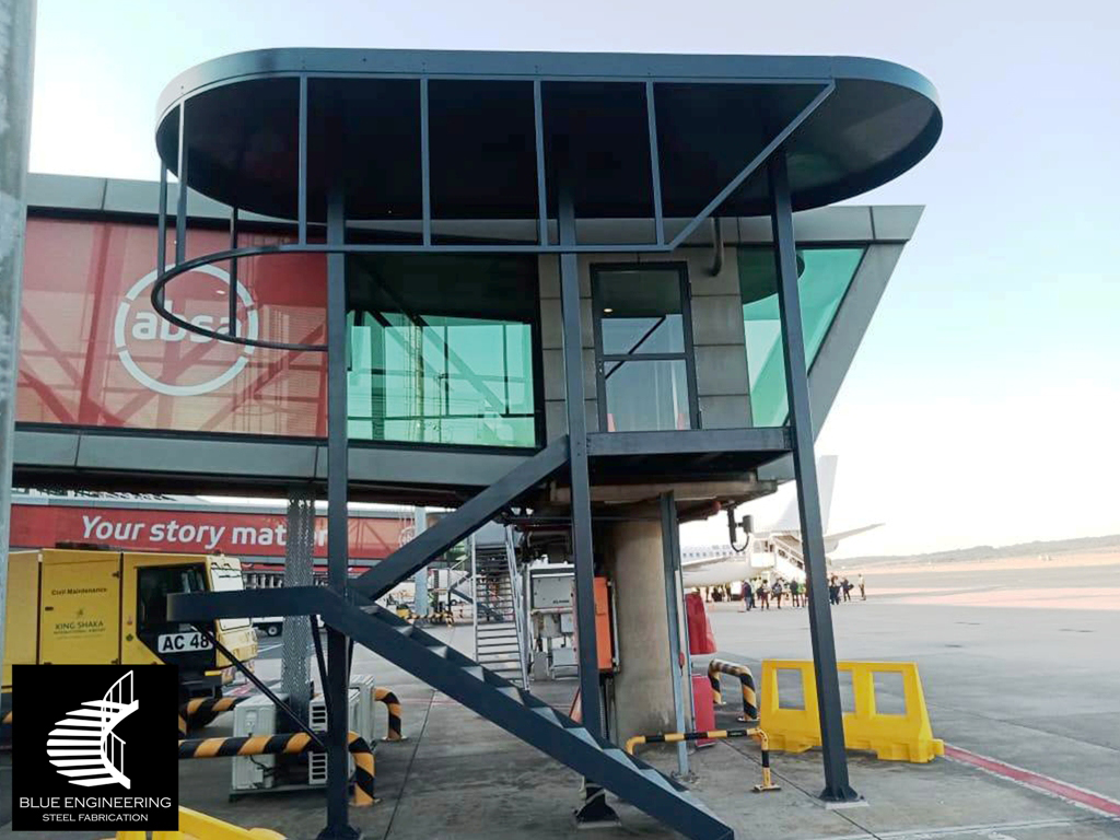 Commercial Steel Staircase Construction at King Shaka Airport. Blue Engineering Undertakes Projects in Gauteng, Johannesburg, Pretoria, KwaZulu Natal, Durban, Western Cape, Cape Town, South Africa