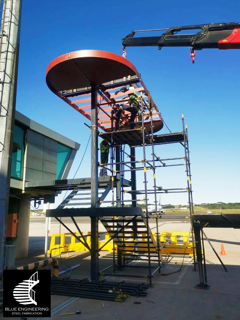 Commercial Steel Staircase Construction at King Shaka Airport. Blue Engineering Undertakes Projects in Gauteng, Johannesburg, Pretoria, KwaZulu Natal, Durban, Western Cape, Cape Town, South Africa