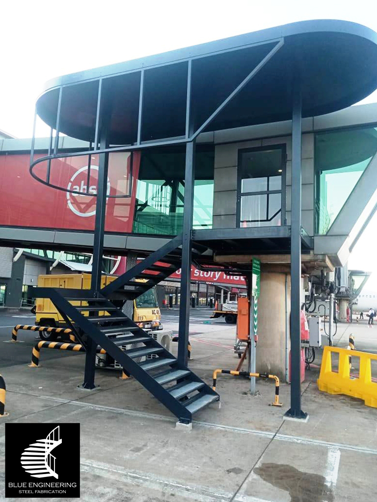 Commercial Steel Staircase Construction at King Shaka Airport. Blue Engineering Undertakes Projects in Gauteng, Johannesburg, Pretoria, KwaZulu Natal, Durban, Western Cape, Cape Town, South Africa