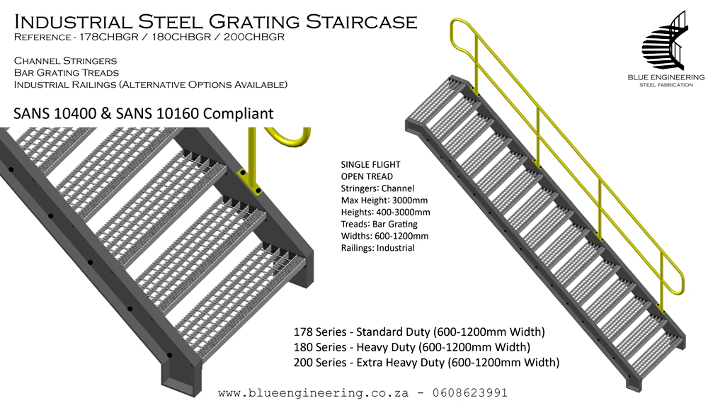 Industrial Steel Staircase with Channel Stringers, Bar Grating Treads and Industrial Railings. Gauteng, Johannesburg, Pretoria, KwaZulu Natal, Durban, South Africa