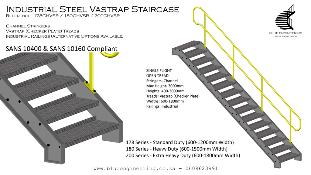 Industrial Steel Staircase with Channel Stringers, Vastrap Treads and Industrial Railings. Gauteng, Johannesburg, Pretoria, KwaZulu Natal, Durban, South Africa