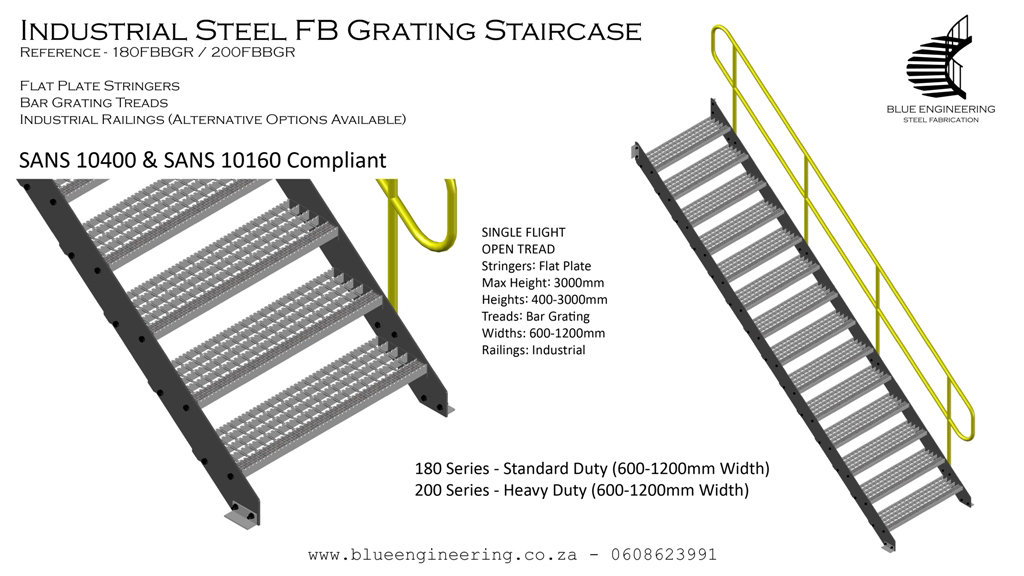 Industrial Steel Staircase with Flat Plate Stringers, Bar Grating Treads and Industrial Railings. Gauteng, Johannesburg, Pretoria, KwaZulu Natal, Durban, South Africa