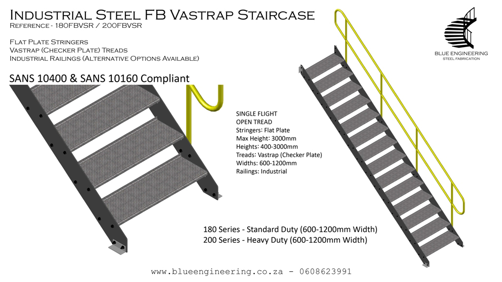 Industrial Steel Staircase with Flat Plate Stringers, Vastrap Treads and Industrial Railings. Gauteng, Johannesburg, Pretoria, KwaZulu Natal, Durban, South Africa