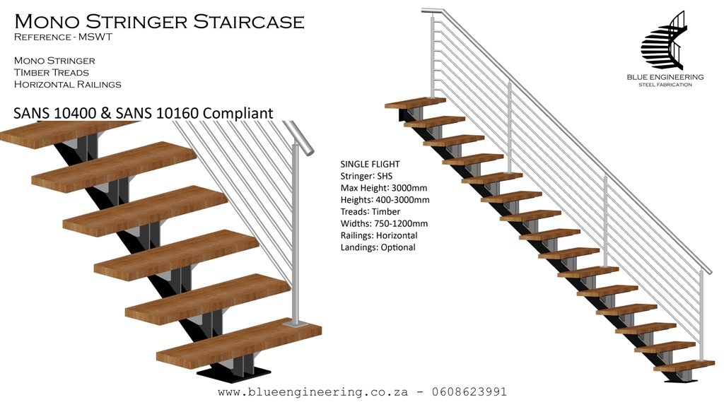 Mono Stringer Staircase with Wooden Treads and Stainless Steel Balustrades. Gauteng, Johannesburg, Pretoria, KwaZulu Natal, Durban, South Africa